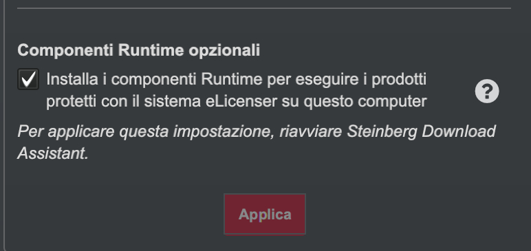 Attiva/Disattiva i "Componenti Runtime" opzionali